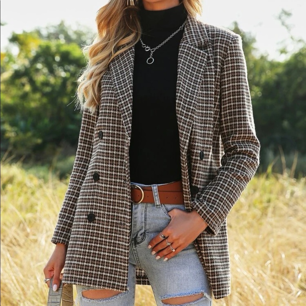 Wool Mix Plaid Double Breasted Blazer
